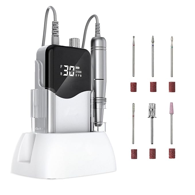 CIVPOWER Nail Drill, Portable Rechargeable Tool Kit with 35000RPM Electric Nail File and LED Display for Manicure, Pedicure, Salon, Home, DIY (White)