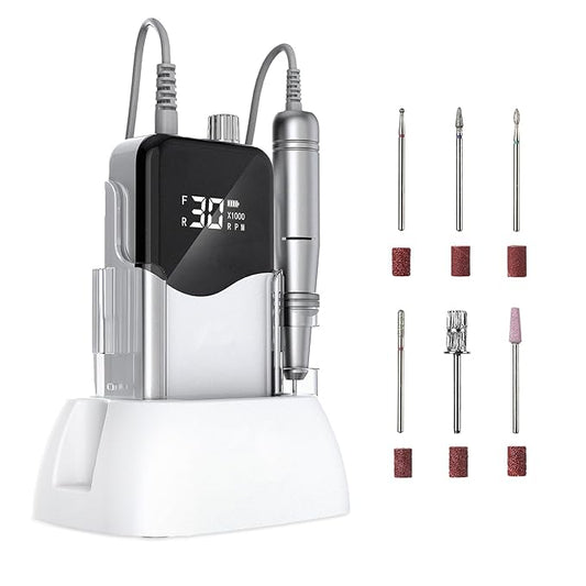 CIVPOWER Nail Drill, Portable Rechargeable Tool Kit with 35000RPM Electric Nail File and LED Display for Manicure, Pedicure, Salon, Home, DIY (White)
