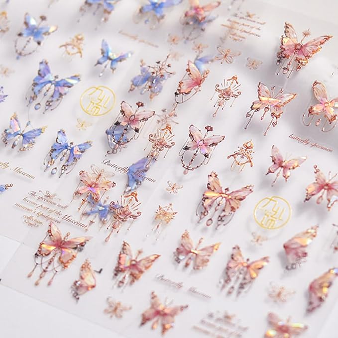Butterfly Nail Art Stickers Decals 5D Butterfly Nail Stickers Pink Seashell 5D Embossed Shinny Butterflies Nails Design Decals Butterflies Stickers for Women DIY Manicure Nails Art Decorations