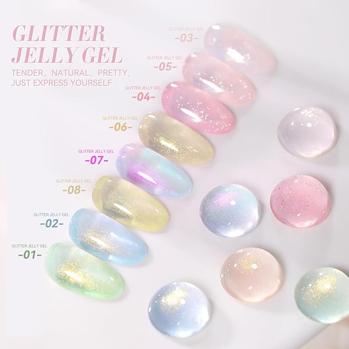 BORN PRETTY Jelly Gel Nail Polish Jelly Glitter Pearl Purple Gel Polish Shimmer Pearl Mermaid Natural Translucent Hema-Free Soak Off Gel Polish Nail Art DIY 15ML