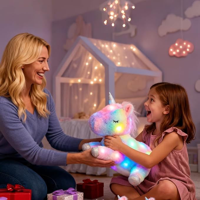Hopearl LED Musical Stuffed Unicorn Playset Lighting Up Singing Plush Toy Mommy Unicorn with 3 Baby Unicorns in her Tummy Lullaby Animated Soothe for Mom Toddlers Girls, Rainbow, 19''