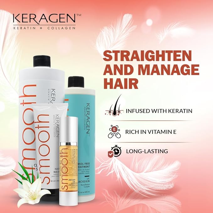 Keragen Brazilian Keratin Smoothing Treatment | Formaldehyde-Free Blowout Kit for Frizzy, Dry, or Damaged Hair | Organic Keratin and Collagen | Salon-Quality Results at Home | 16 Oz