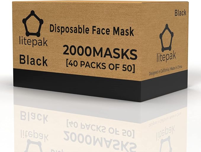 Litepak 2000pcs Disposable Face Masks Black 3-Ply Adult Mask Nose Wire Protection - Breathable Protective Face Covering