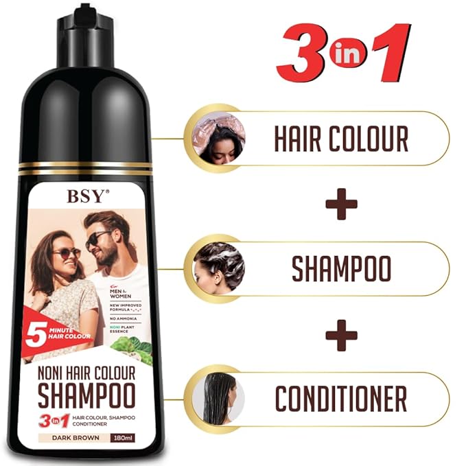 BSY Noni Hair color shampoo - 6 fl oz - Pump Pack | No Ammonia | 3 in 1 - Hair Dye Shampoo, conditioner for women | Noni Fruit Hair Dye for Men | 5 Minutes Hair Color (Dark Brown)