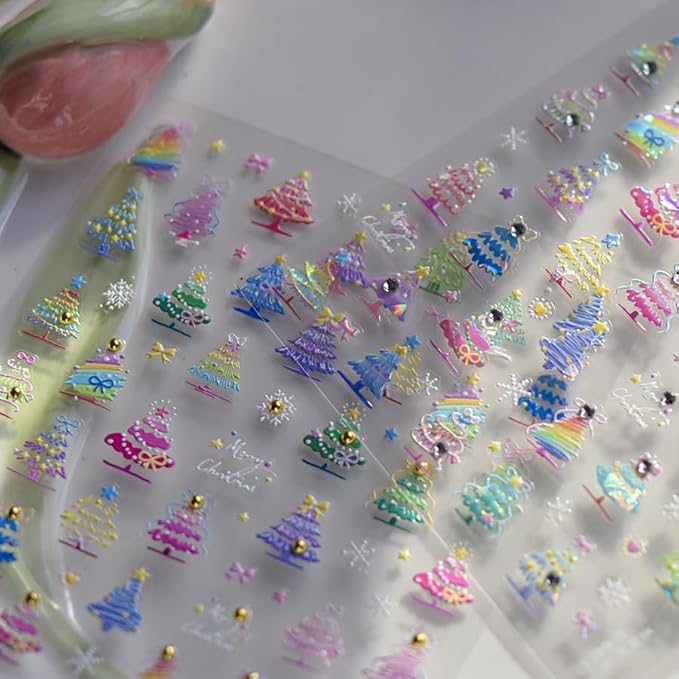 Christmas Nail Art Stickers Decals 5D Daimond Colorful Xmas Tree Nail Decals 1PCS Xmas Tree Snowflake Star Design Christmas Nail Art Supplies Manicure Stickers for Women DIY Nail Decorations