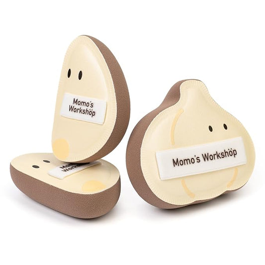 3-Pack Garlic Shape Makeup Puffs, High-Density Rubycell for Oil Control & Full Coverage, Firm PU Leather Backing for Flawless Cream Skin Finish, for Liquid & Cream Makeup & Storage Case