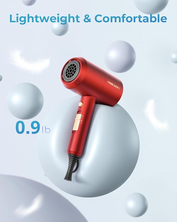 SHRATE Lightweight Ionic Hair Dryer with Diffuser - Powerful 1800W Blow Dryer for Fast Drying - Professional Low Noise Mini Hair Dryer for Travel, Gifts, Hair Styling