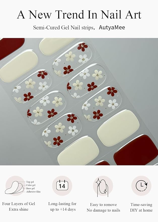 Semi Cured Gel Nail Strips (Autumn Flower), 20 Pcs Gel Nail Wraps, Stickers, Fall, Salon Quality, Works With Any Lamps