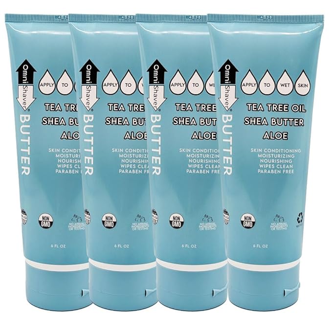 OmniShaver Shave Butter – Moisturizing Shaving Cream for Men & Women | Sensitive Skin Formula | Travel Size 6 oz | Aloe, Tea Tree & Shea Butter - Pack of 4