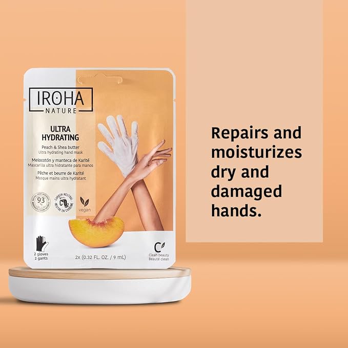 IROHA NATURE Repairing Hand Mask Gloves | 15 Pairs | Peach & Shea Butter | Hydration & Repair for Damaged & Cracked Hands | Vegan & 93% Natural Ingredients