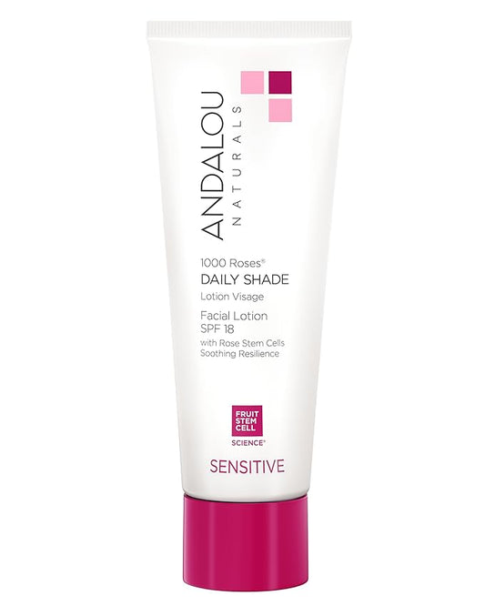 Andalou Naturals 1000 Roses Daily Shade Facial Lotion SPF 18 - 2-in-1 Skin Moisturizer & Face Sunscreen - Ultra Sheer & Hypoallergenic Skincare for Sensitive Skin - With Aloe Vera - 2.7 fl oz