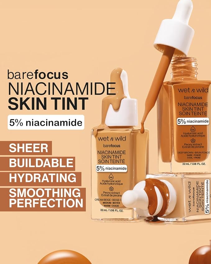 wet n wild Bare Focus Skin Tint, 5% Niacinamide Enriched, Buildable Sheer Lightweight Coverage, Natural Radiant Finish, Hyaluronic & Vitamin Hydration Boost, Cruelty-Free & Vegan - Light