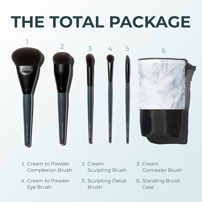 Rose and Ben Beauty Essential 5 Piece Makeup Brush Set and Travel Case | Professional Eye and Face Brushes for Liquid, Cream and Powder Formulas | Cruelty Free