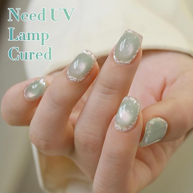 Double Rhythm 0.5 OZ Cat Eye Gel Polish with Magnet 15ML Holographic Glitter Shimmer Translucent Jelly Color Magnetic Nail Polish Salon DIY at Home (Light Green-MC1212)