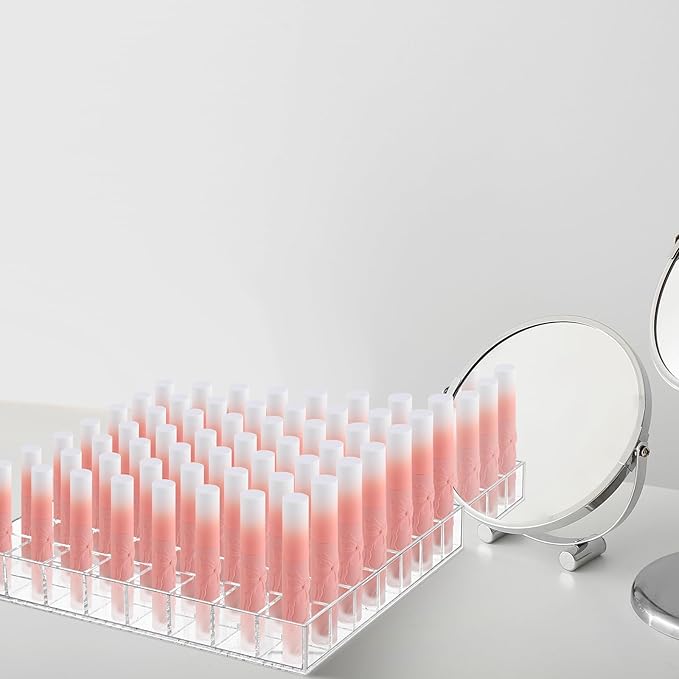 Mumufy Lipstick Holder Clear Acrylic Organizer Makeup Lip Gloss Organizer Plastic Cosmetic Display Case for Lipstick Brushes Bottles Perfume Essential Drawer Vanity Bathroom (56 Slot)