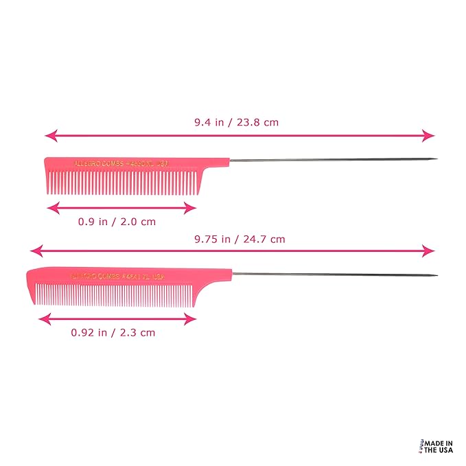 Allegro XL Pintail Rat Tail Parting Combs - Metal Tail Foiling Pin Combs for Stitch Braids - 2 Pc. (Neon Pink)
