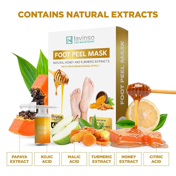 Lavinso Foot Peeling Mask Extra Strength - 2 Pack - Feet Mask for Dry Cracked Feet and Callus - with Honey and Turmeric