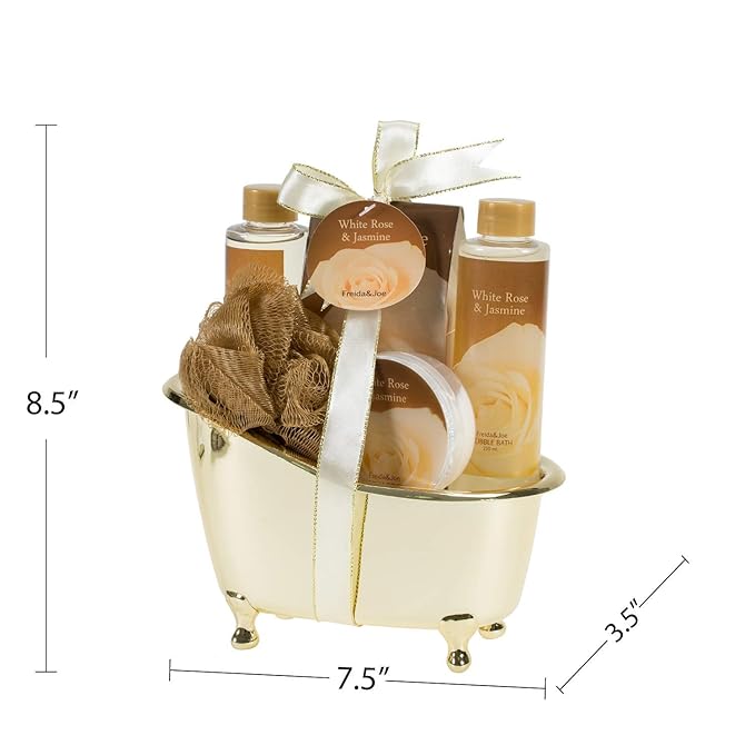 White Rose Jasmine Spa Set For Women in Elegant Gold Tub Includes Shower Gel, Bubble Bath, Body Lotion, Jasmine Bath Salt, Pouf, Award Winning Bath Body Set
