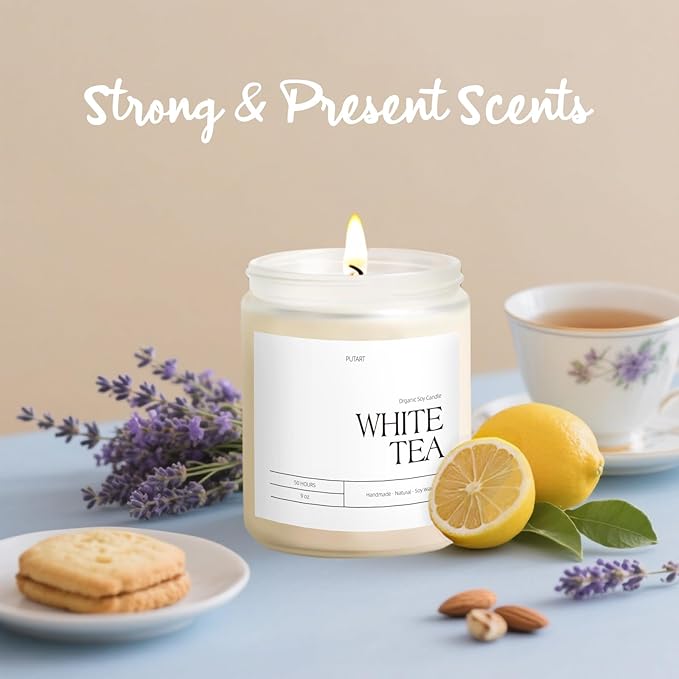 White Tea Candles for Home Scented, Natural Soy Wax Aromatherapy Non Toxic Scented Candle, Handmade Highly Scented & Long Lasting Jar Candle for Stress Relief, Relaxation, Holiday Gifts (9oz)