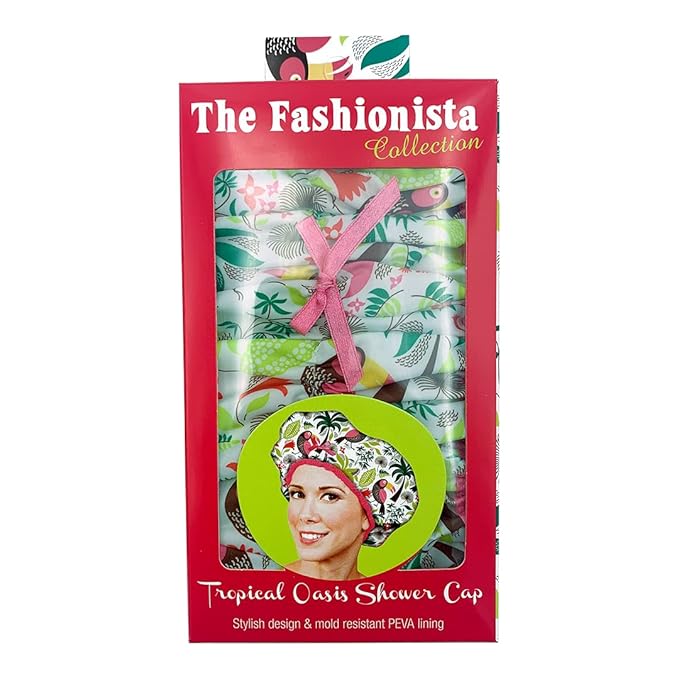 Reusable Bath & Shower Cap Lined, Oversized Waterproof Shower Caps Large Designed for all Hair Lengths with PEVA Lining & Elastic Band Stretch Hem Hair Hat - Fashionista Tropical