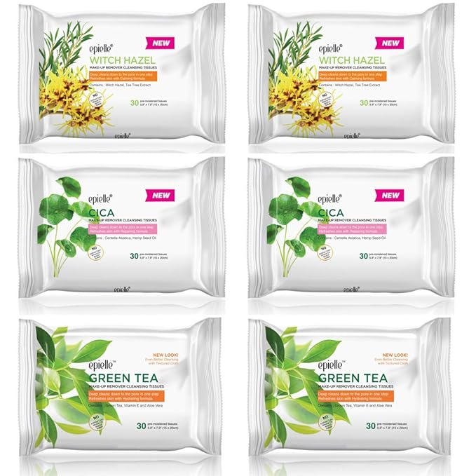 Epielle Makeup Remover Wipes, Remove Waterproof Mascara, Gentle Daily Facial Cleanser Towelettes with Witch Hazel, Cica & Green Tea, Stocking Stuffers, Thanksgiving Essentials, 30 Count (Pack of 6)