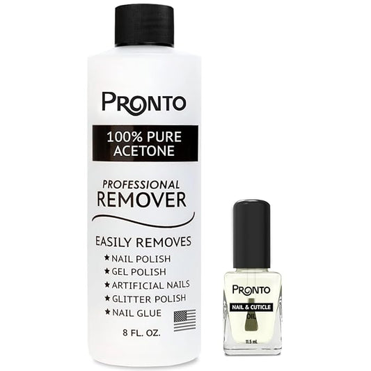 Pronto 8 Oz 100% Pure Acetone Nail Polish Remover and Cuticle Oil, Pure Acetone for All Nail Polish Types including Gel, Acrylic & Sculptured Nails, Gel Nail Polish Remover and Nail Repair, Duo Pack