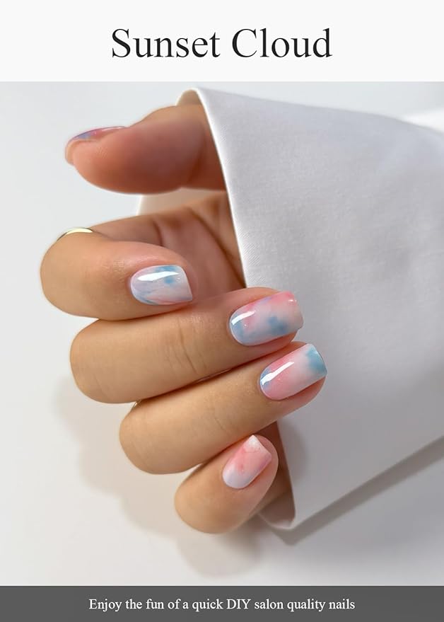 Semi Cured Gel Nail Strips (Sunset Cloud), Blue Red Omber, 20 Pcs Gel Nail Wraps, Stickers, Salon Quality, Works With Any Lamps