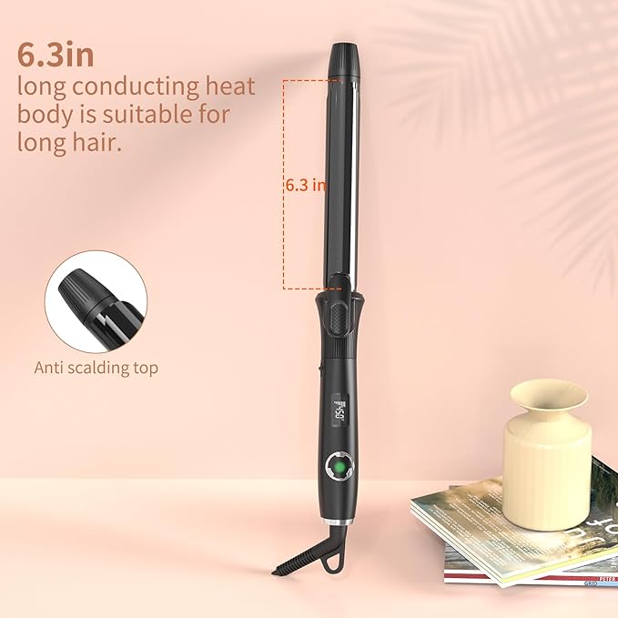1 Inch Curling Iron with Clipped Tourmaline Ceramic Barrel Professional 1.25 Inch Hair Curler up to 450°F Dual Voltage for Traveling 60 Mins Auto Off Suit for Different (Black, 1 inch)