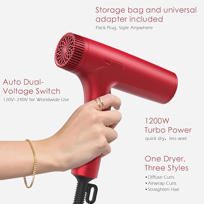 TOME 1200W Hair Dryer Travel Dual Voltage 120V/240V Foldable Blow Dryer with Diffuser Comb Nozzle Storage Bag Universal Power Adapter (Red)