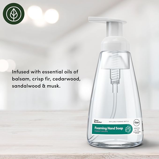 Clean Revolution Ready to Use Foaming Hand Soap| Three Pack | Jumbo 15oz Bottles | Gentle, Moisturizing & Eco-Friendly | Real Essential Oils | Forest Escape | 45 Total Fl Oz, Clear