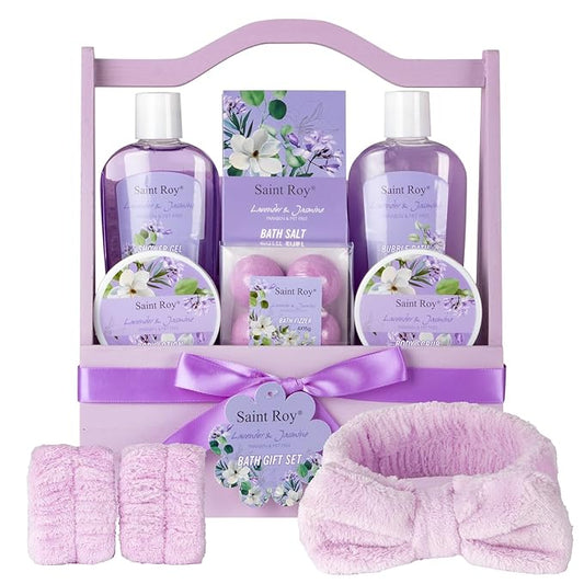 Bath and Body Gift Basket Set for Women - Jasmine Christmas Gifts for Women, Spa Gift Basket 13-Piece Bath Gift Set, Gift Set for Ladies Body & Bath Gifts Set Lavender Gift Baskets For Mom