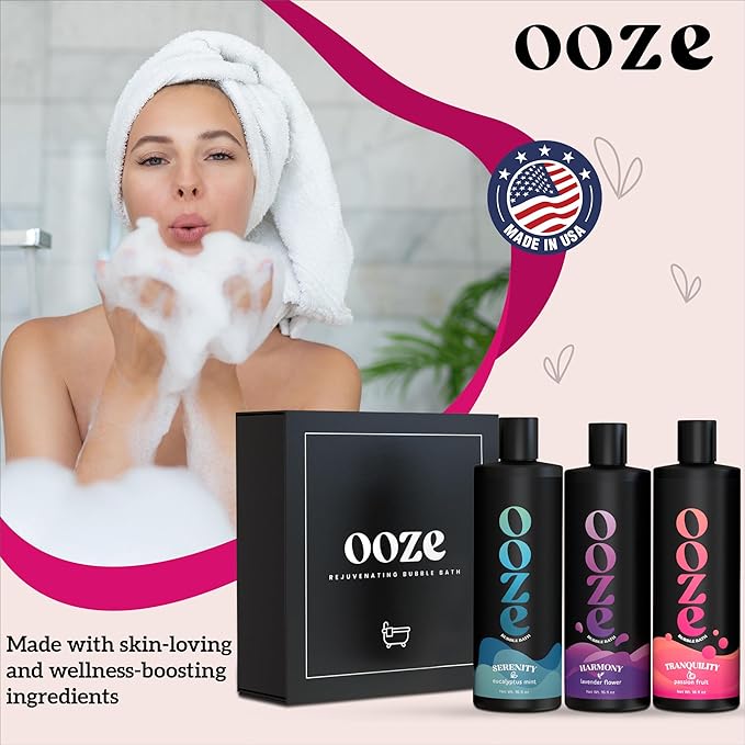 OOZE Bubble Bath Set for Women (16oz ea) Lavender, Eucalyptus & Passion Fruit - Bath and Body Spa Gift Set, Spa Gift for Her - Zero Parabens, Cruelty-Free, Made in The USA