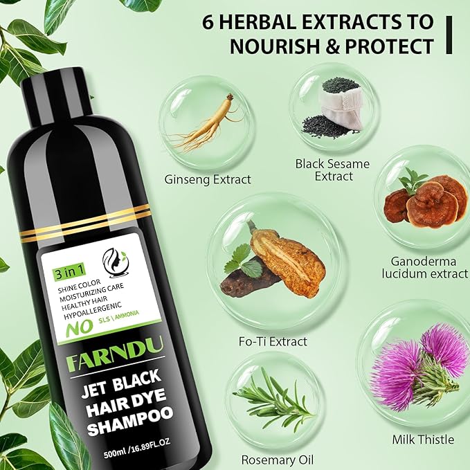 FARNDU Jet Black Hair Dye Shampoo for Women & Men, 3 in 1 Natural Herbal Color Shampoo for 100% Gray Coverage, Ammonia & Paraben Free (500ml)