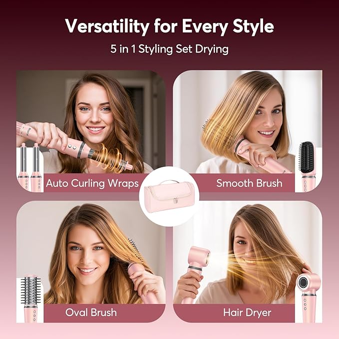 5 in 1 Hot Air Styler Wrap with Travel Bag- Professional High-Speed Hair Dryer Brush with Auto Wrap Curlers, 300 Million ions Frizz-Free and Fast Drying for Multiple Style, No Heat Damage, Gift Idea