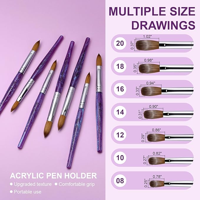 Acrylic Nail Brush Size 18, 100% Pure Kolinsky Nail Brush for Acrylic Application, Professional Nail Extension Manicure Tool Nail Drawing Pen for DIY Home Salon(Purple)
