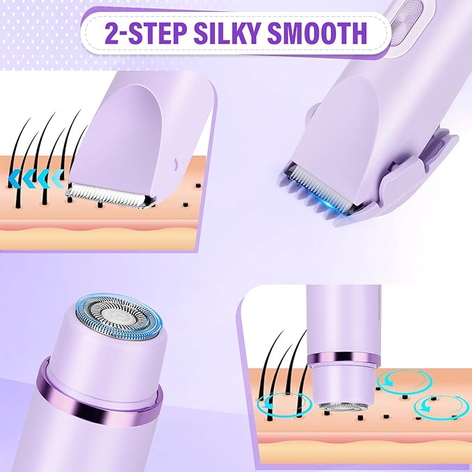 Women's Bikini Trimmer, 2-in-1 Electric Shaver for Bikini Line, Legs, Underarms, Face - Waterproof Women's Electric Shaver for Sensitive Skin, USB Rechargeable(Purple)