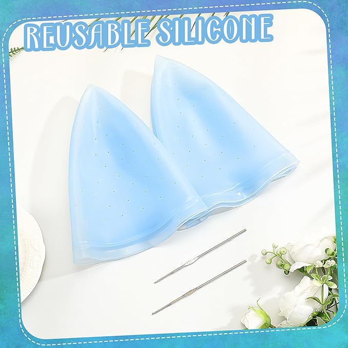 Jexine 2 Pcs Hair Coloring Highlighting Cap Reusable Silicone Highlight Cap with Holes and Hook for Hair Coloring, Frosting, Hairdressing & Highlighting, Salon Tools Kit(Blue)