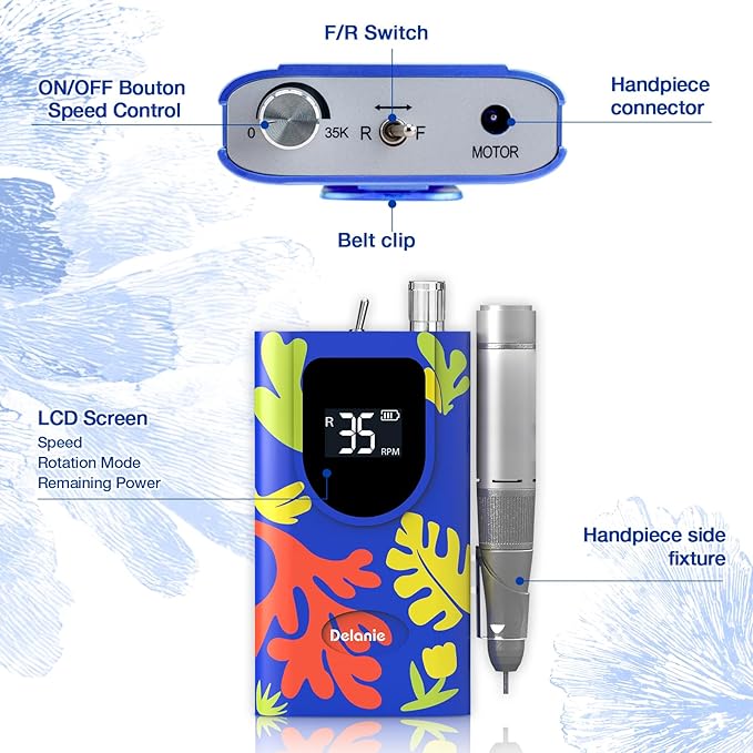 Delanie Professional Nail Drill High Torque 35000 RPM Rechargeable Portable Electric Nail File Filer for Acrylic Gel with Cuticle Bits, Salon Manicure Tool, Matisse Blue