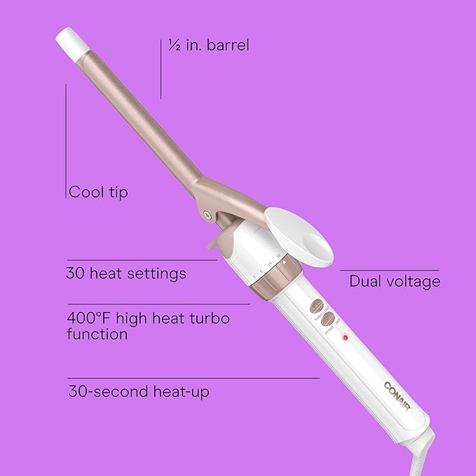 Conair Double Ceramic 1/2-Inch Curling Iron, 1/2-inch barrel produces spiral curls – for use on short to medium hair