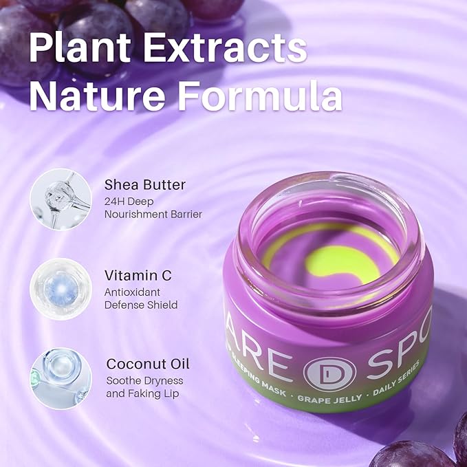 Lip Mask, Hydrating Overnight Lip Sleeping Mask, Lip Moisturizer for Dry Cracked Lips Care, Dual-Color Korean Lips Balm with Vitamin C and Shea Butter for Nourishing and Softening Lips - Grape