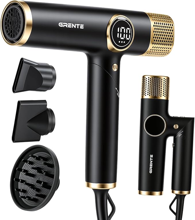 Portable Hair Dryer, 110,000 RPM Diffuser Hair Dryer, 400M Negative Ion, 6.5ft Cord, 4 Heat Settings & 3 Speed, Ionic Hairdryer with Concentrator Nozzle Diffuser for Curly Hair, for Women Men, Black