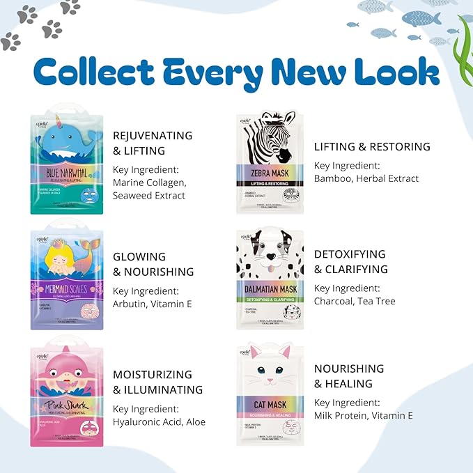 Epielle Character Face Mask Wave & Wild 12 Pack, Fun & Effective Korean Skin Care, Spa Party Favors, Stocking Stuffers, Birthday Gifts for Women, Thanksgiving Essentials