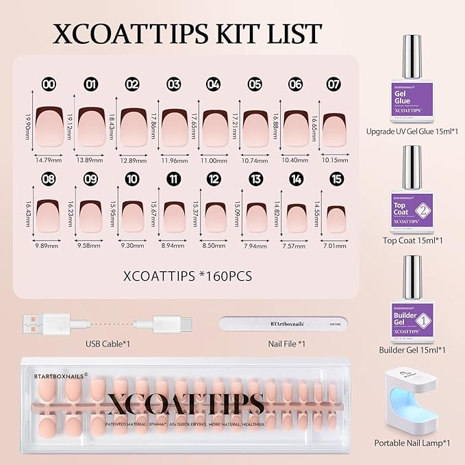 BTArtboxnails XCOATTIPS French Tip Press on Nails - Skin Tones Short Fall Press On Nails Square, Soft Gel Nail Tips with Nail Gel, French Protecting Duo, Nail Lamp, All in One Fake Nail Extension Kit