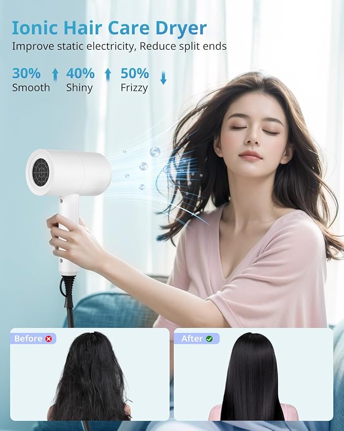 SHRATE Lightweight Ionic Hair Dryer with Diffuser - Powerful 1800W Blow Dryer for Fast Drying - Professional Low Noise Mini Hair Dryer for Travel, Gifts, Hair Styling