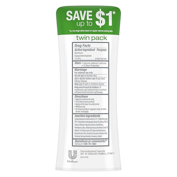 Dove Advanced Care Anti Deo Stick Cool Essentials Twin Pack for helping your skin barrier repair after shaving 72 h odor control and all-day sweat protection with Pro Ceramide Technology 2.6 oz