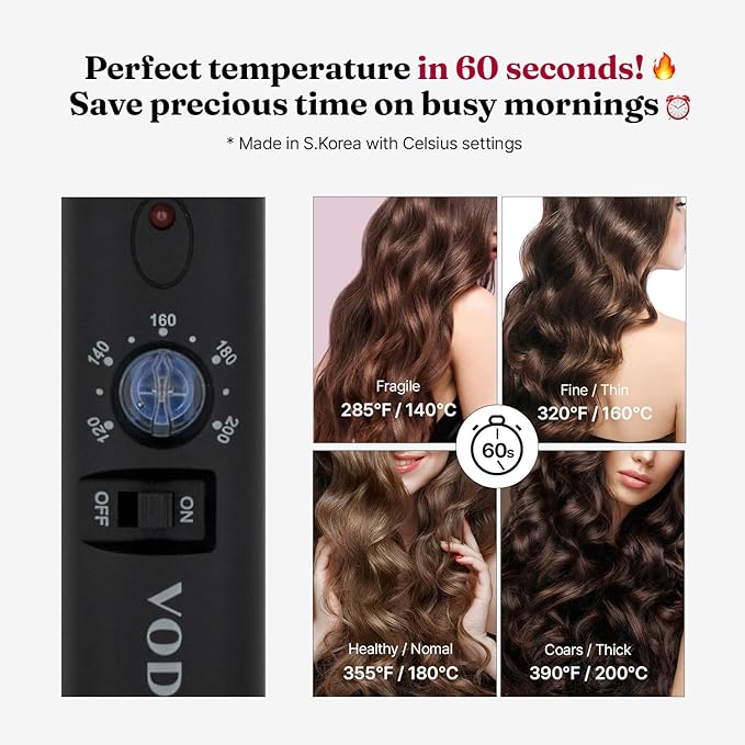 VODANA Professional GlamWave Ceramic Curling Iron, Long-Lasting Natural Curls, Instant Heat, Hair Curler, Curling Wand, Available in USA (1.25 inch, Black)