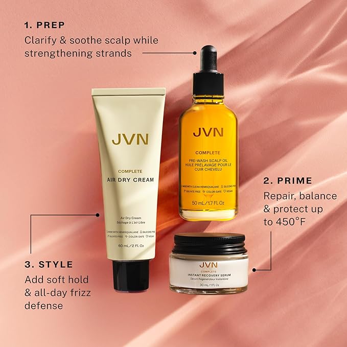 JVN Trusted Trio Travel Essentials Hair Products, Pack of 3, Includes Air Dry Cream, Instant Recovery Serum, and Pre-Wash Scalp Oil, Hair Care for Women and Men, Silicone Free