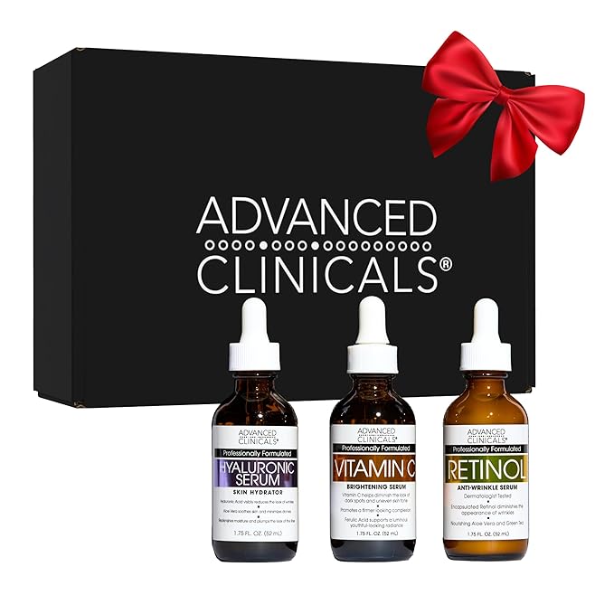 Advanced Clinicals 3 Pack Face Serum Essentials Set | Brightening Vitamin C, Firming Retinol, & Hydrating Hyaluronic Acid Serum Gift Box | Travel Size Gift For Women | Anti Aging Skin Care Products