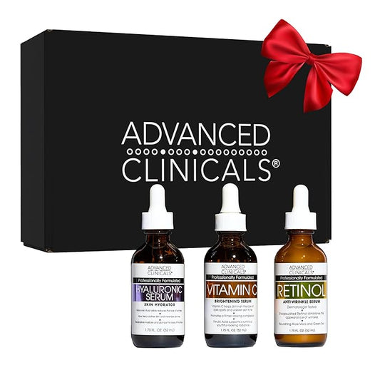 Advanced Clinicals 3 Pack Face Serum Essentials Set | Brightening Vitamin C, Firming Retinol, & Hydrating Hyaluronic Acid Serum Gift Box | Travel Size Gift For Women | Anti Aging Skin Care Products