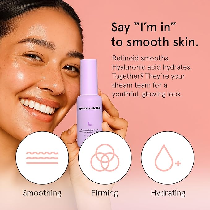 grace & stella Retinol Serum for Face with Hyaluronic Acid (50ml/1.7 fl oz) - Restoring Retinol Hyaluronic Acid Serum for Face to Reduce Fine Lines & Wrinkles - Acido Hialuronico - Vegan Skincare